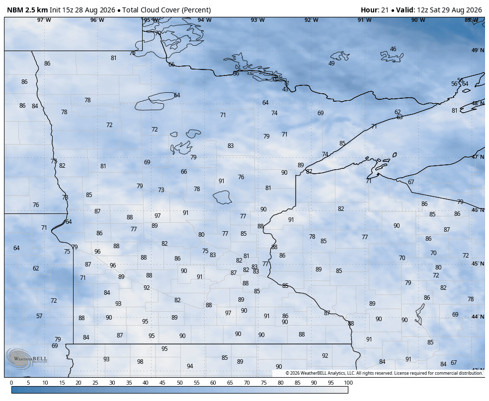 Cloud cover Saturday 7 a.m. to midnight