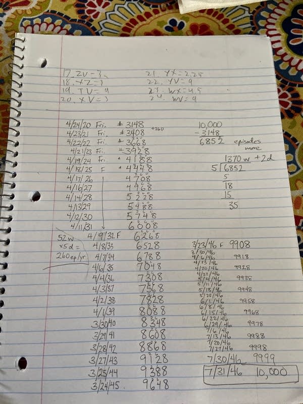 Notebook showing math of when the 10,000th episode of TBTL will occur