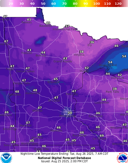 Forecast low temperatures Tuesday