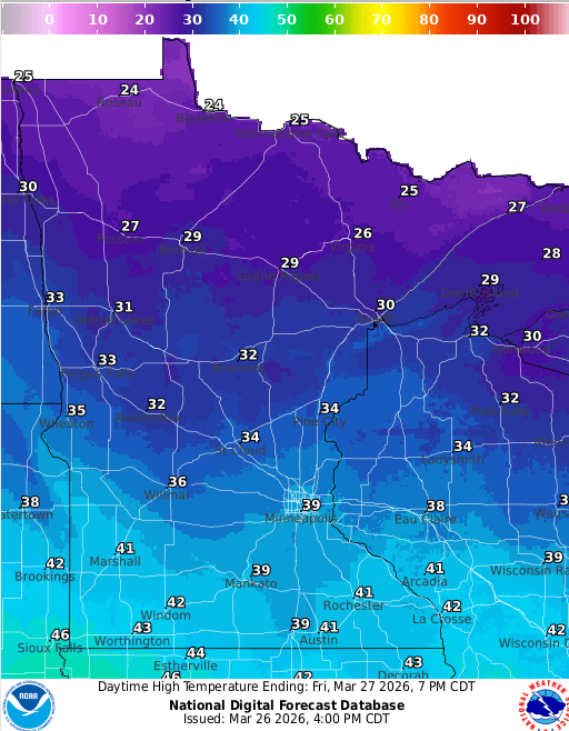 Forecast high temperatures Friday