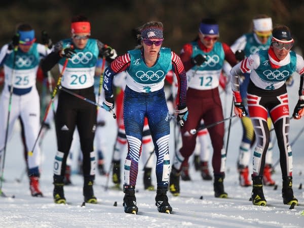 Jessie Diggins competes in 15km skiathlon