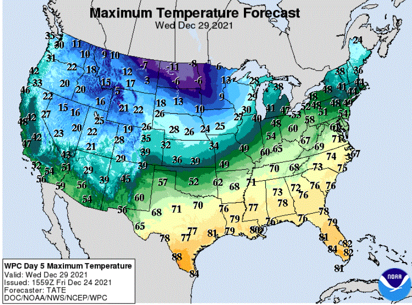 Forecast high temperatures for Wednesday