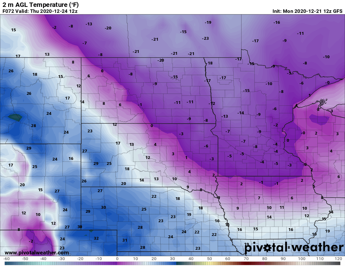 NOAA GFS temperature forecast for 6 am Thursday, December 24