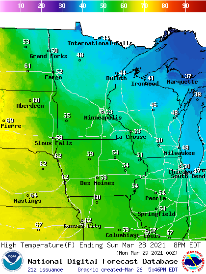 Forecast high temperatures Sunday