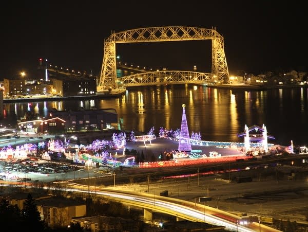 A view of holiday lights and the Aerial Lift Bridge in Duluth