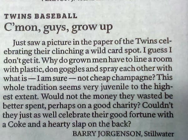 Letter: There’s no place for youthful joy when Twins clinch playoff spot