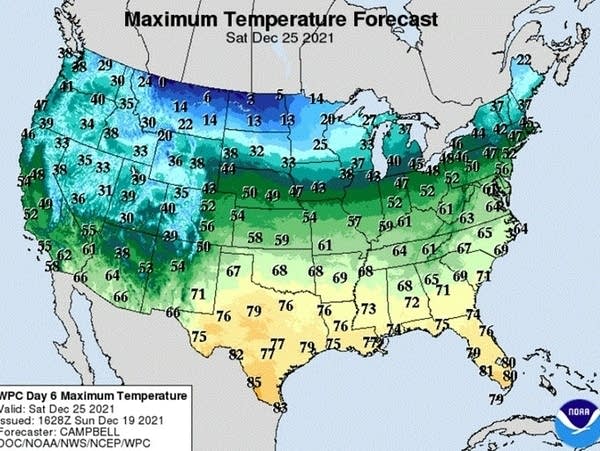 Forecast high temperatures for Christmas Day