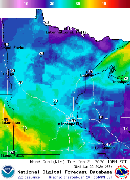 Forecast wind gusts for 9 pm Tuesday