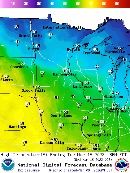 Forecast high temperatures Tuesday