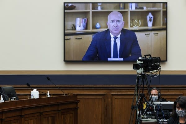 Amazon CEO Jeff Bezos testifies via video conference during the House Judiciary Subcommittee on Antitrust, Commercial and Administrative Law hearing on Online Platforms and Market Power in the Rayburn House office Building, July 29, 2020 on Capitol Hill in Washington, DC. 