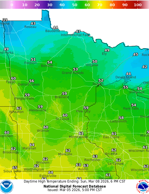Forecast high temperatures Sunday
