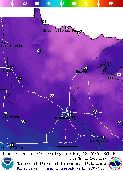 Low Temperature forecast Tuesday morning