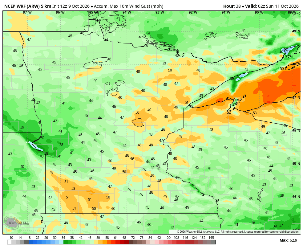 High gusts seen in orange and green