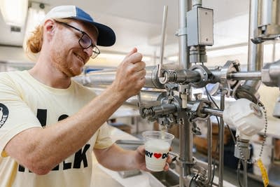A person pours cups of milk