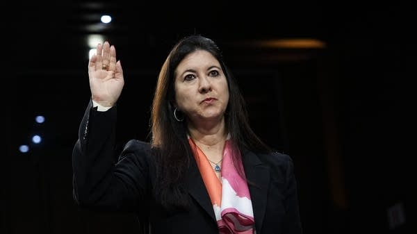 Dr. Adriana Kugler, nominee to be a member of the Board of Governors of the Federal Reserve System, is sworn in during a Senate Banking nominations hearing on June 21, 2023 in Washington, DC. Kugler announced her resignation last week. 