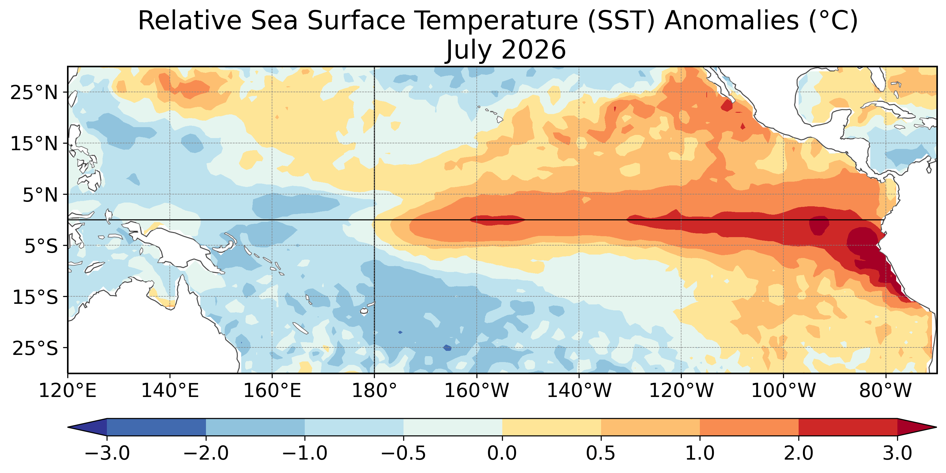 Relative sea surface temperature (SST) anomalies (Celsius) July 2026