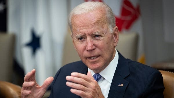 In the Roosevelt Room, President Joe Biden meets with union and business leaders to discuss the $1.2 trillion infrastructure bill on July 22, 2021. 