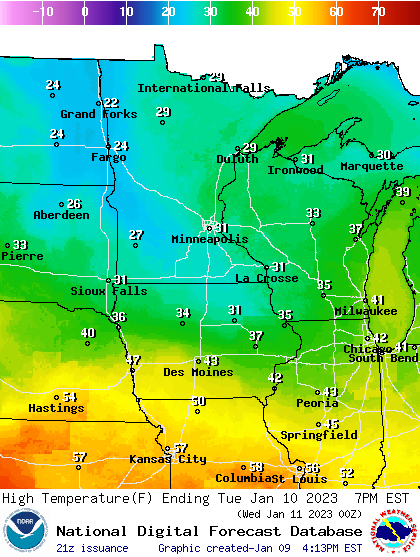 Forecast high temperatures Tuesday