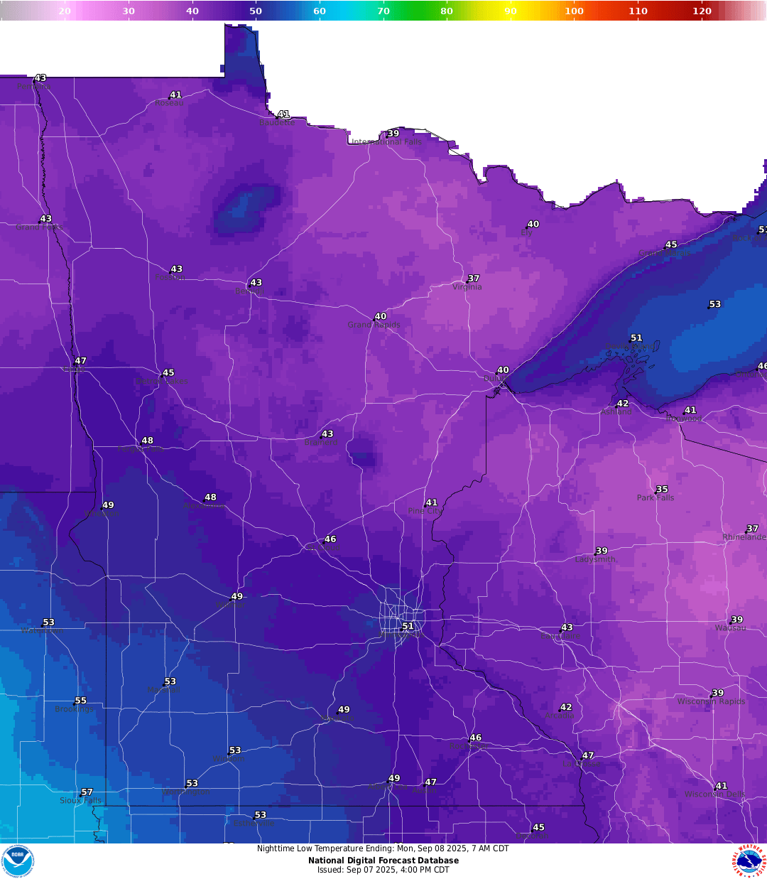 Lows for Sunday night