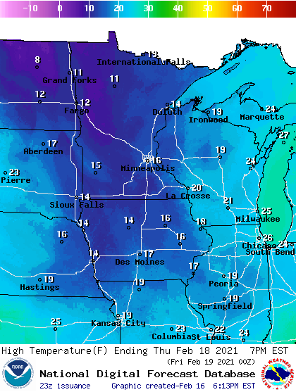 Forecast high temperatures Thursday