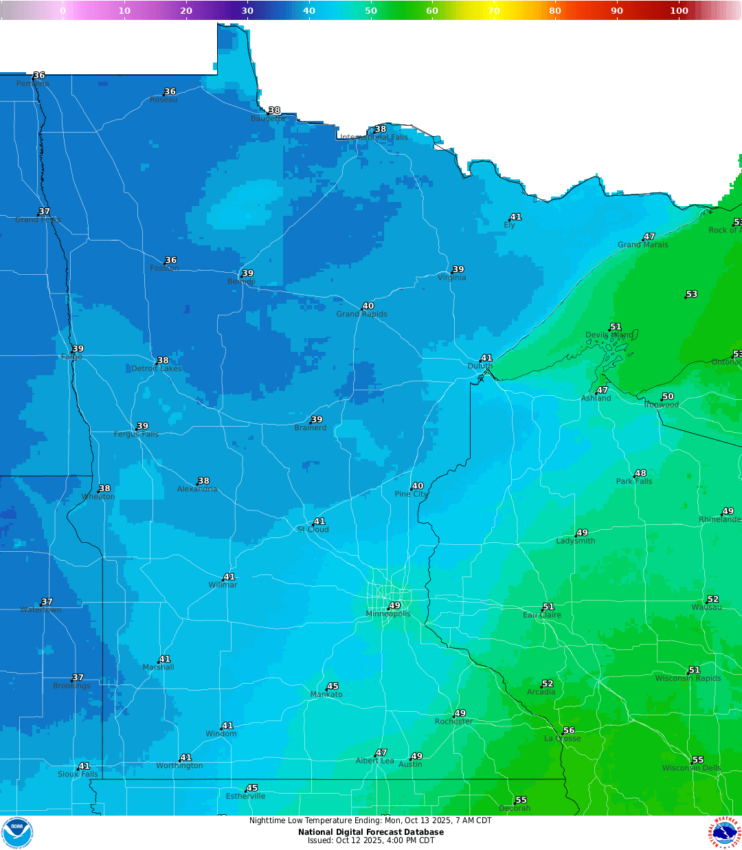 Lows for Sunday night
