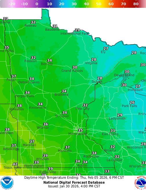 Forecast high temperatures Thursday