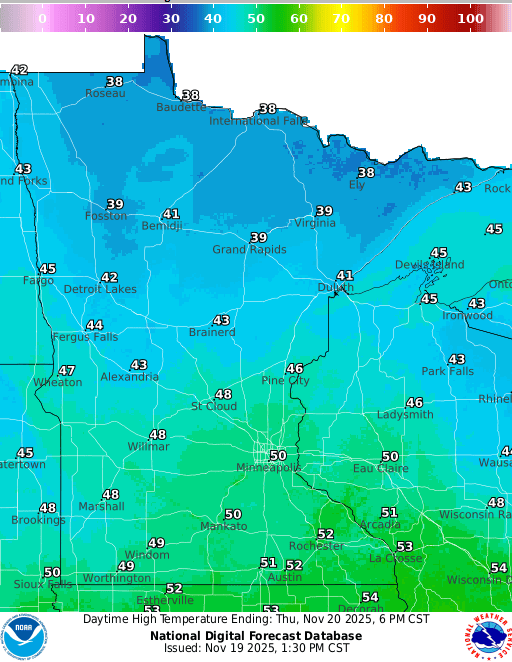 Forecast high temperatures Thursday