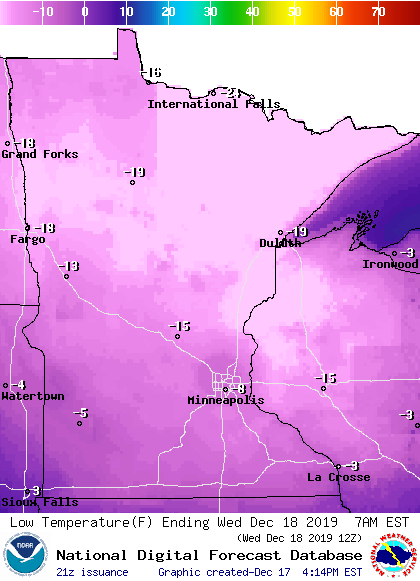 Low Temperature forecast Wednesday morning