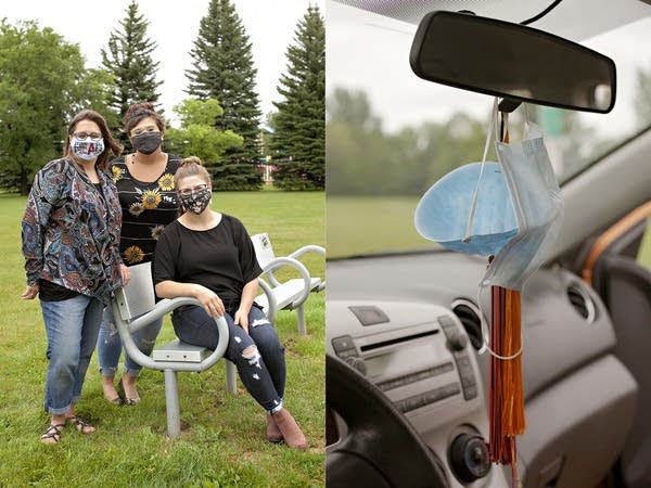 Left: 3 women wear face masks. Right: masks hang from a rearview window.