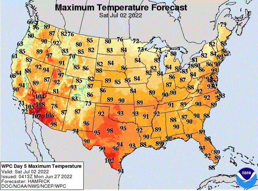 Forecast high temperatures for Saturday