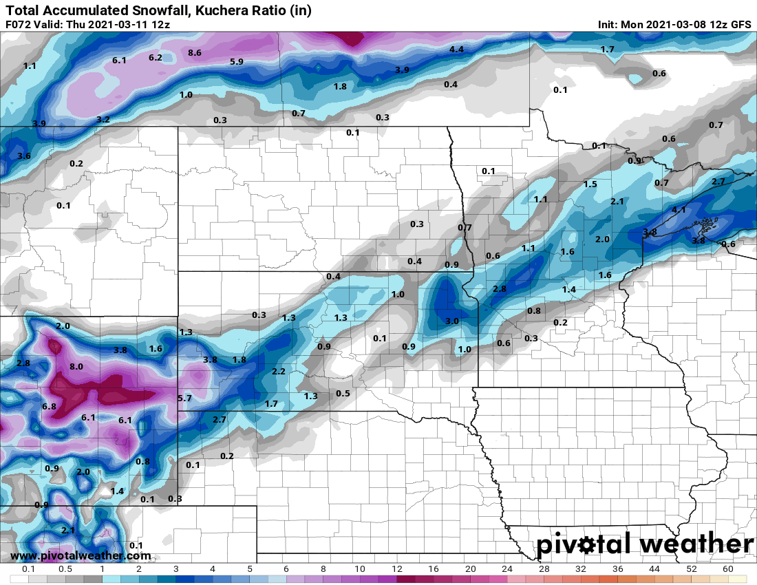 NOAA GFS snowfall output through Wednesday