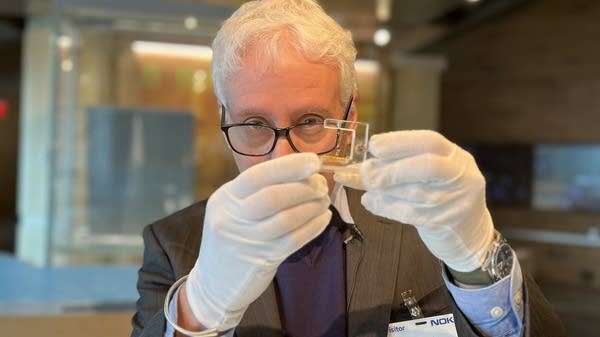 Nokia Bell Labs still has the first transistor, which was invented in 1947. Here's David Brancaccio holding it at the company's campus in Murray Hill, New Jersey in 2022.
