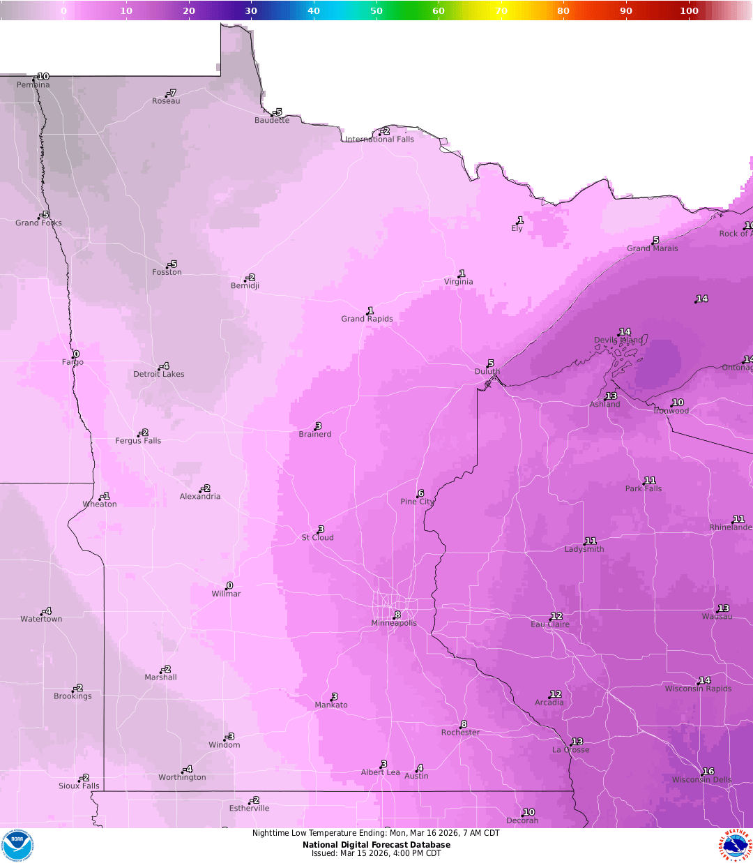 Lows for Sunday night
