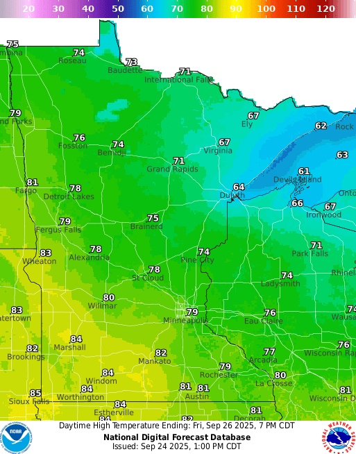 Forecast high temperatures Friday