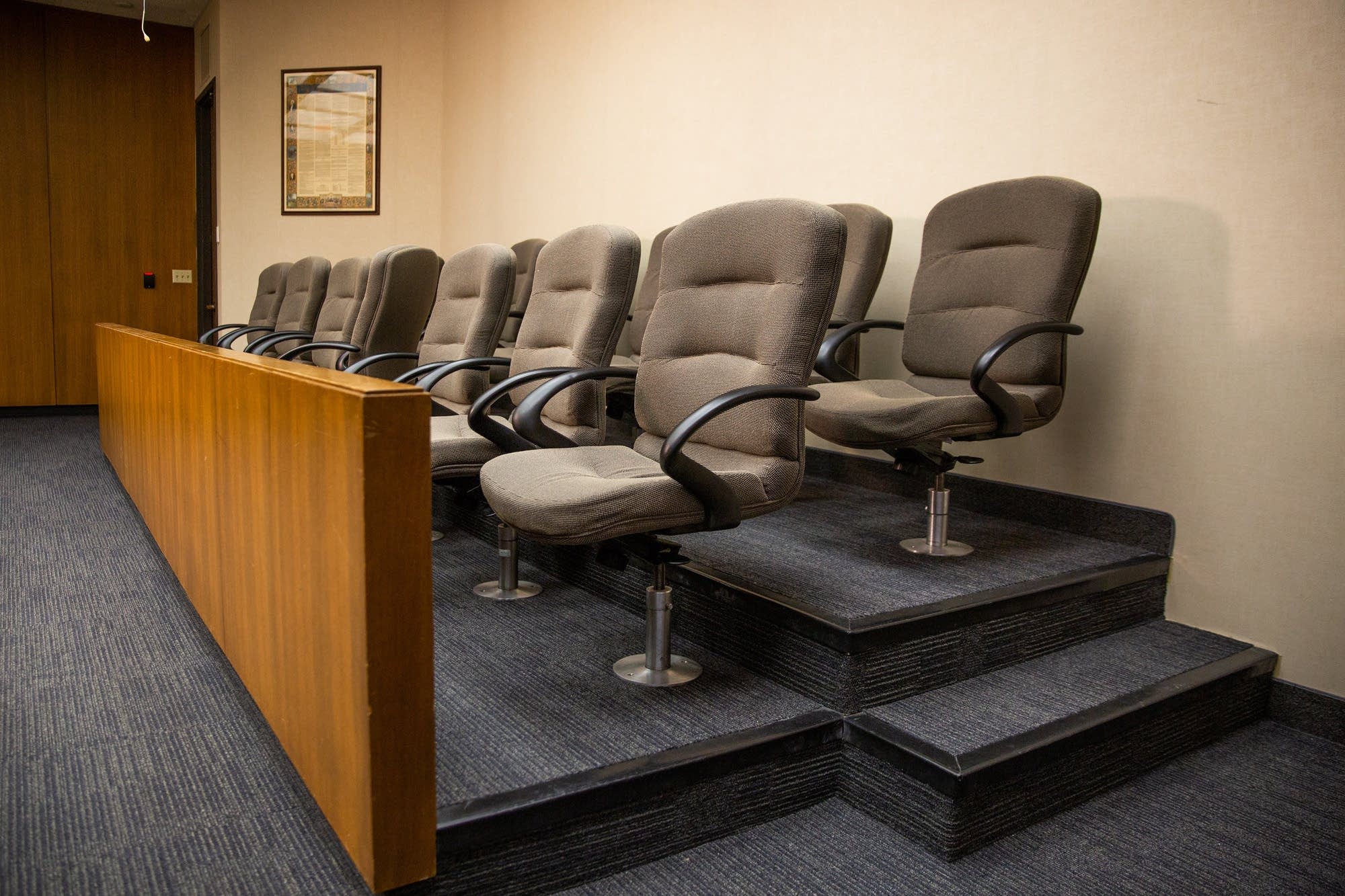 The jury box sits in the courtroom of Mohamed Noor's trial.