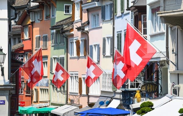 Flags seen on the streets of Zug in June 21 2017 in Zug, Switzerland