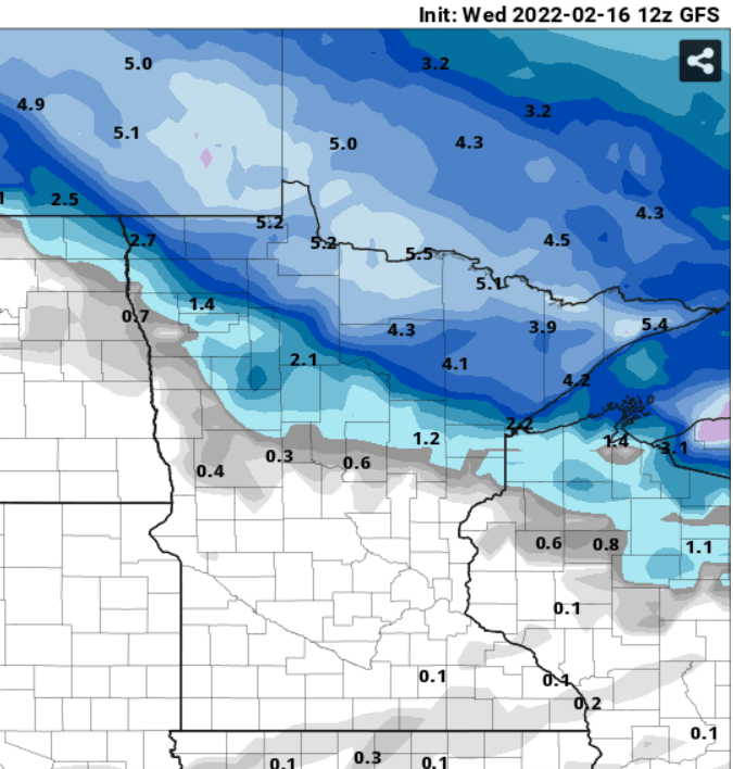 NOAA GFS snowfall output by Saturday