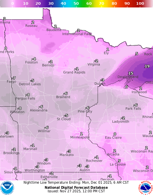 Forecast low temperatures Monday
