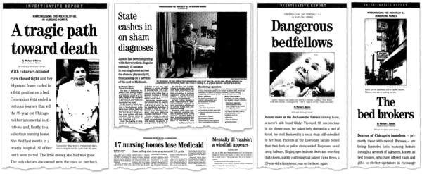 Collage of Chicago Tribune headlines concerning nursing home investigations