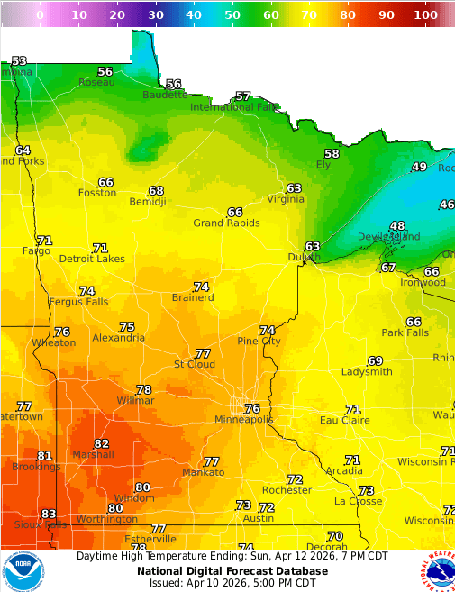 Forecast high temperatures Sunday 