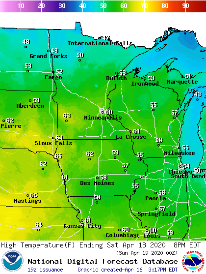 Forecast high temperatures Saturday