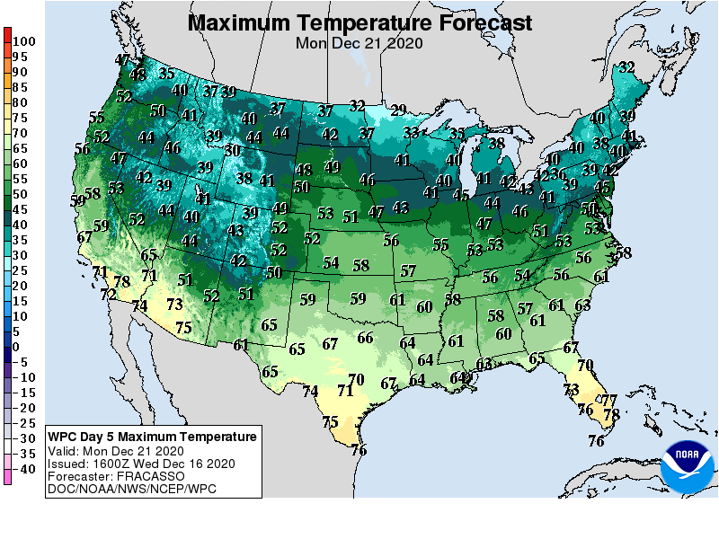 Forecast high temperatures Monday