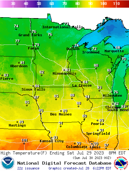 Forecast high temperatures Saturday 2