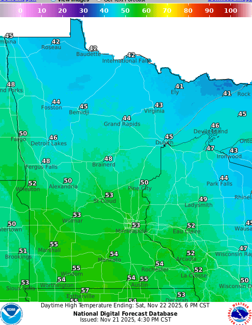 Forecast high temperatures Saturday