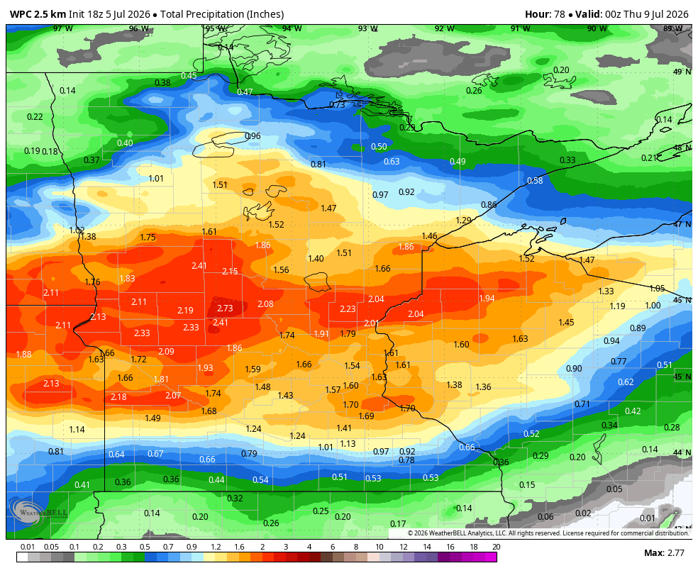 Forecast total precipitation through Wednesday 7 p.m.