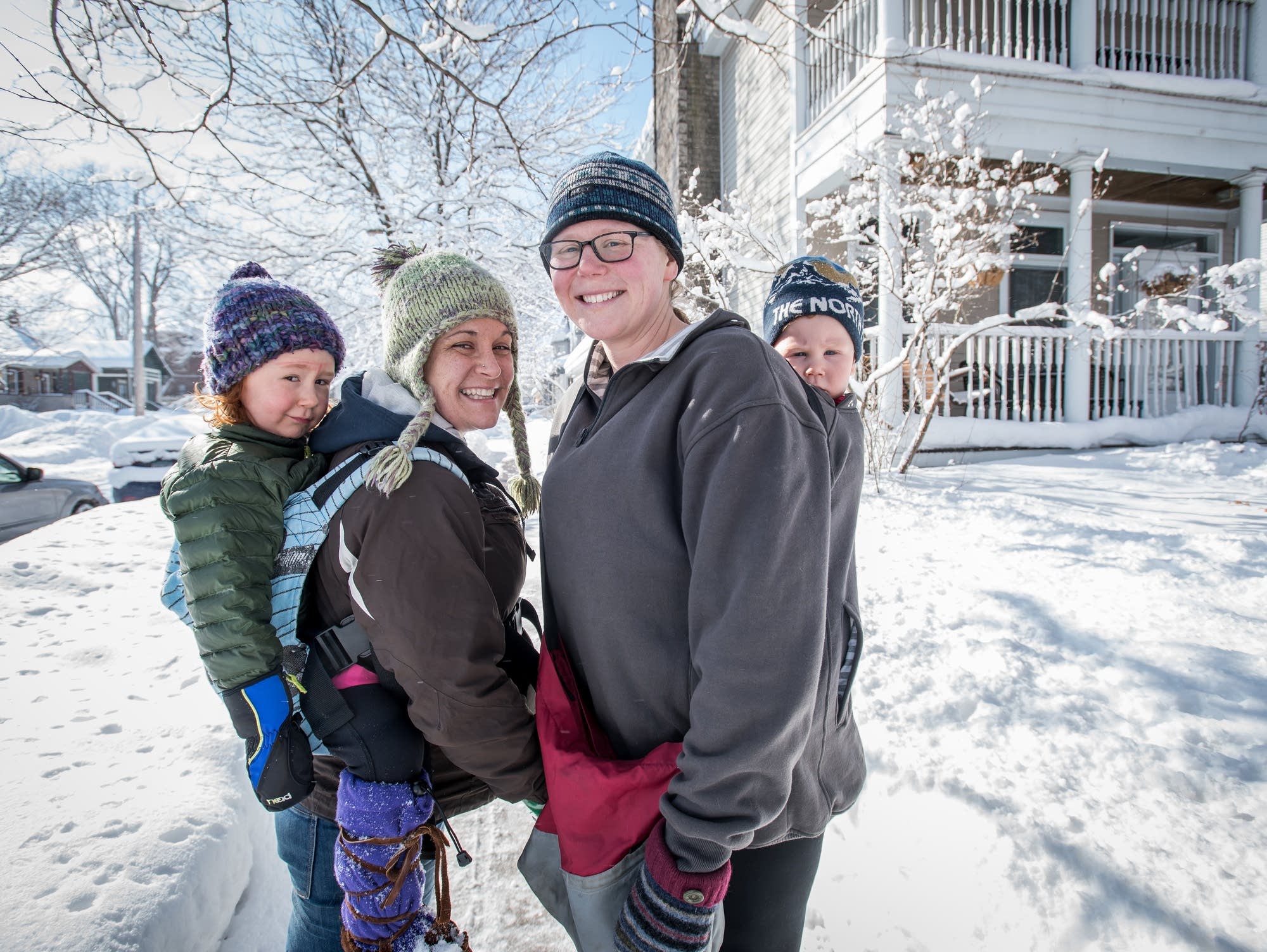 Colleen Hinz, Jill Blanchard and their kids go for a walk