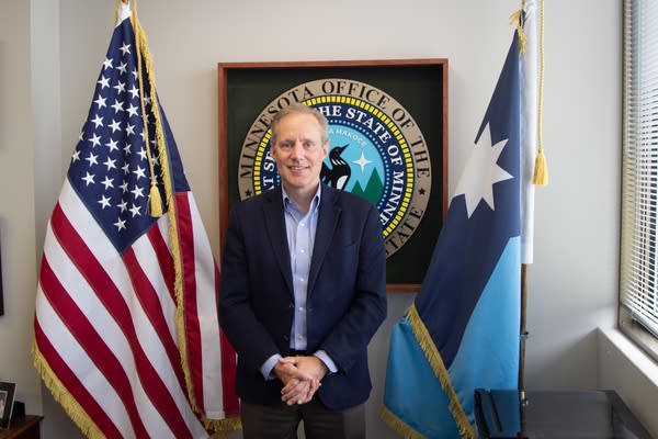 Steve Simon poses in his temporary office 