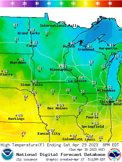 Forecast high temperatures Saturday
