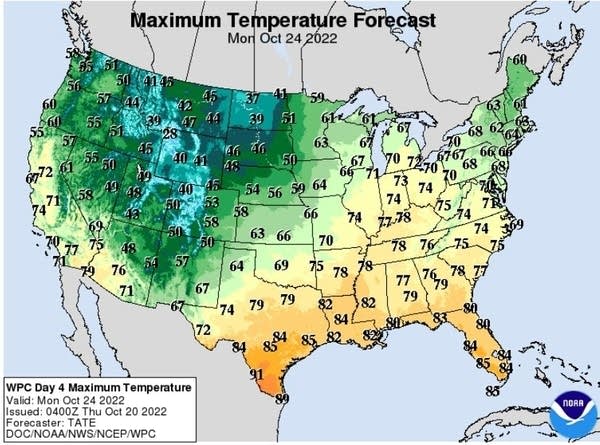 Forecast high temperatures for Monday