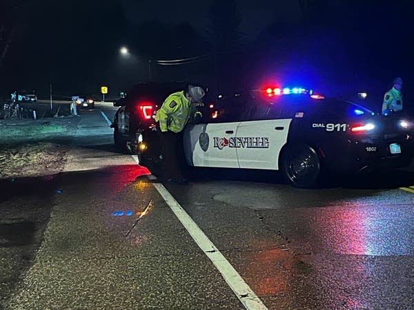 A police officer stands outside of a police vehicle